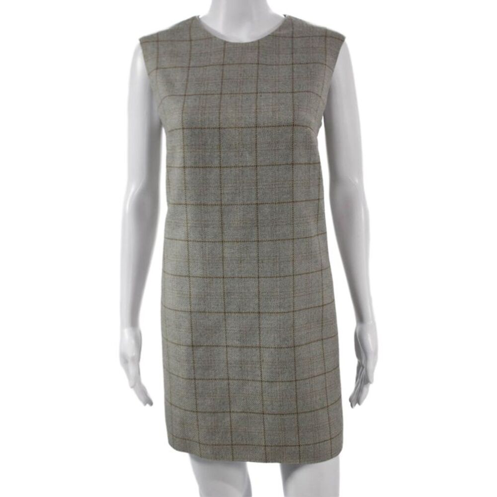 Designer Womens Shift Dress Gray Wool Blend Sleeveless Check Zip Size S